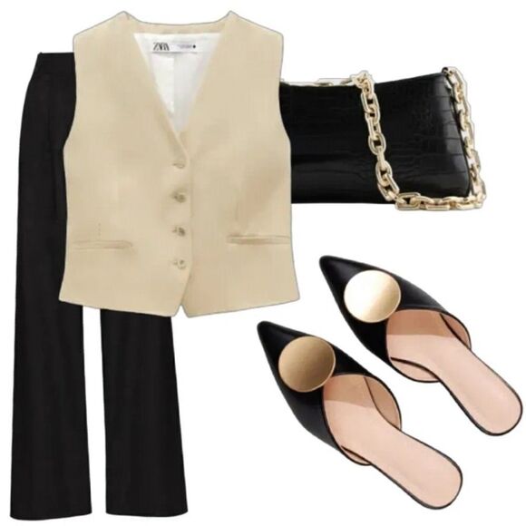 Riveted Black Gold Faux Leather Pointed Toe Flat Mules Shoes - Picture 6 of 15